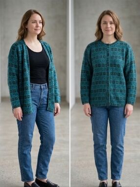 Hand-Made Peru 100% Baby Alpaca Teal Geometric Hand Knit Cardigan Sweater
